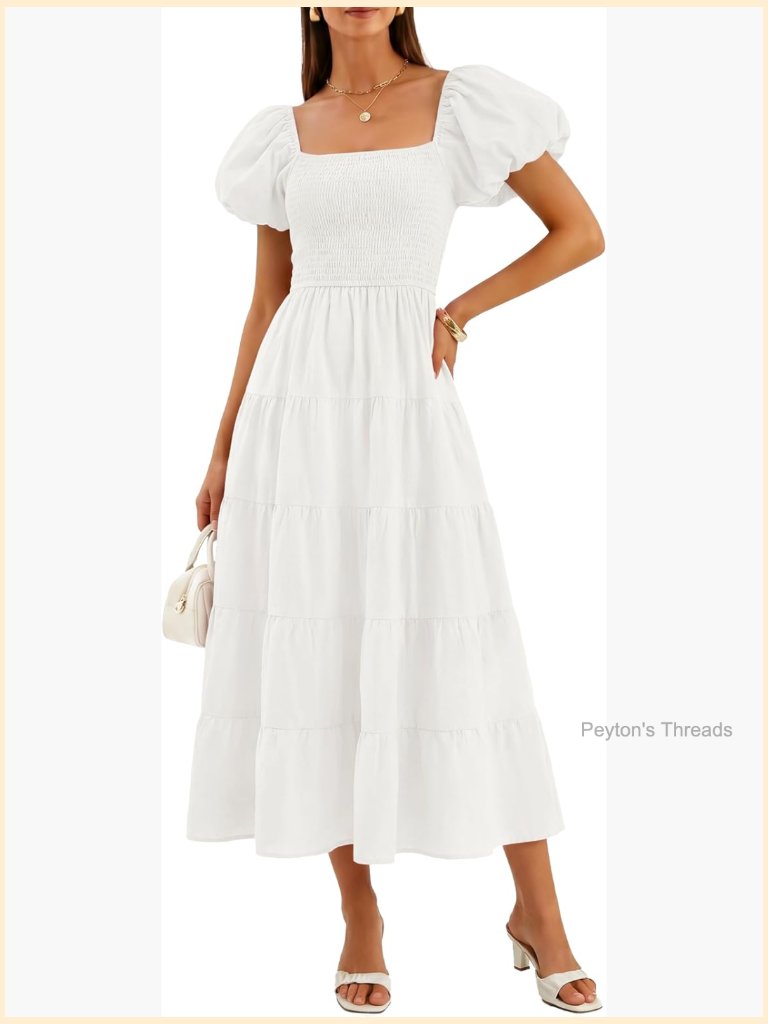 Puff Sleeve Square Neck Midi Dress - Flowy A-Line Smocked Bodice Wedding Guest